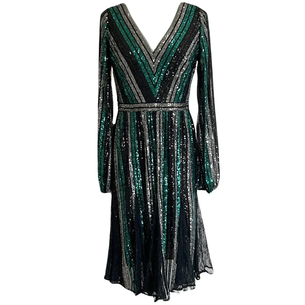 Marchesa Notte Sequin Lace Black Green Silver Dress - Picture 1 of 7